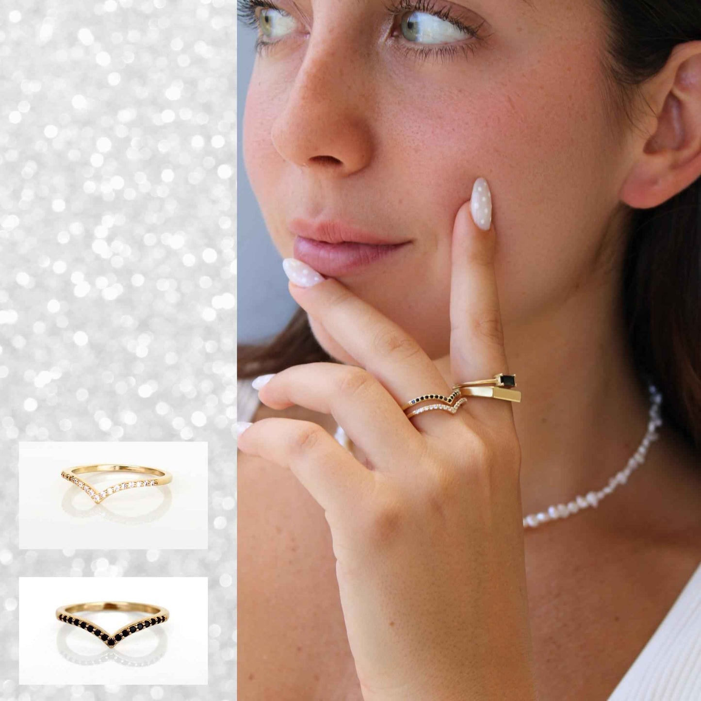 דוגמנית מושלמת עונדת טבעת זהב בצורת וי