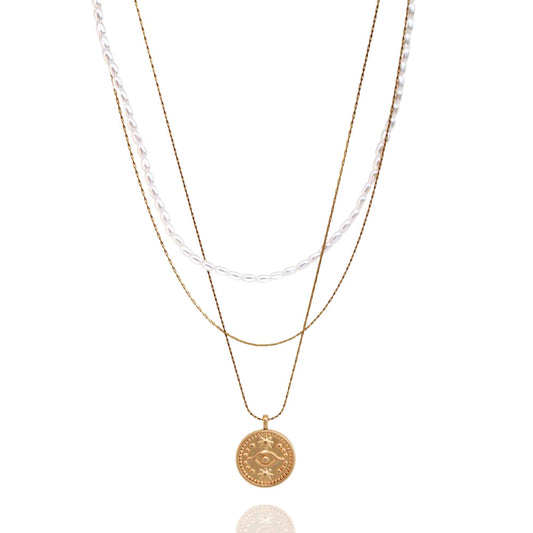 שרשרת שכבות זהב עם פנינים ותליון מטבע / לונה