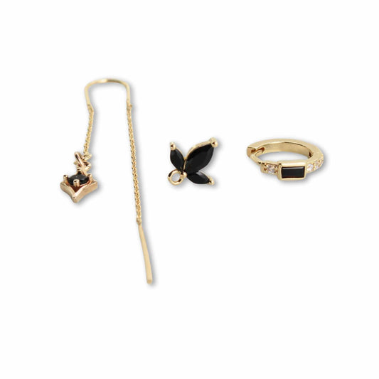 עגיל בודד או סט בזהב וזירקון שחור