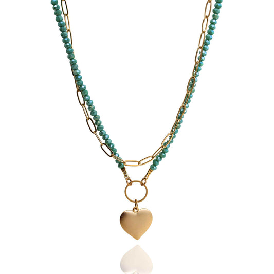 שרשרת שכבות לב זהב וקריסטלים/ ליב