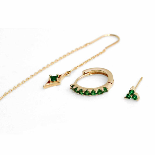עגיל בודד או סט זהב זירקון ירוק