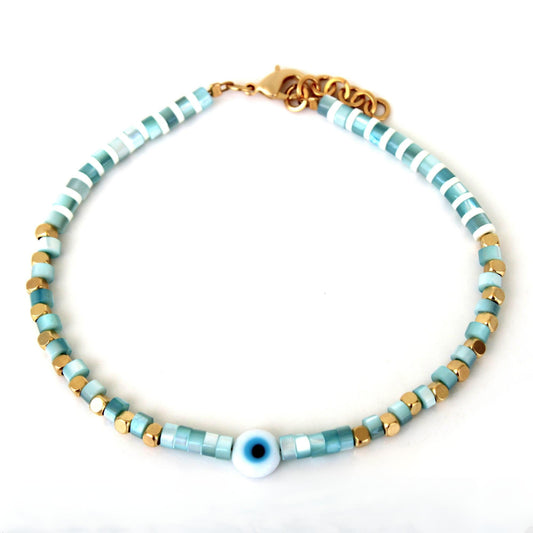 צמיד רגל שחר - חרוזי צדף בגווני תכלת עם עין