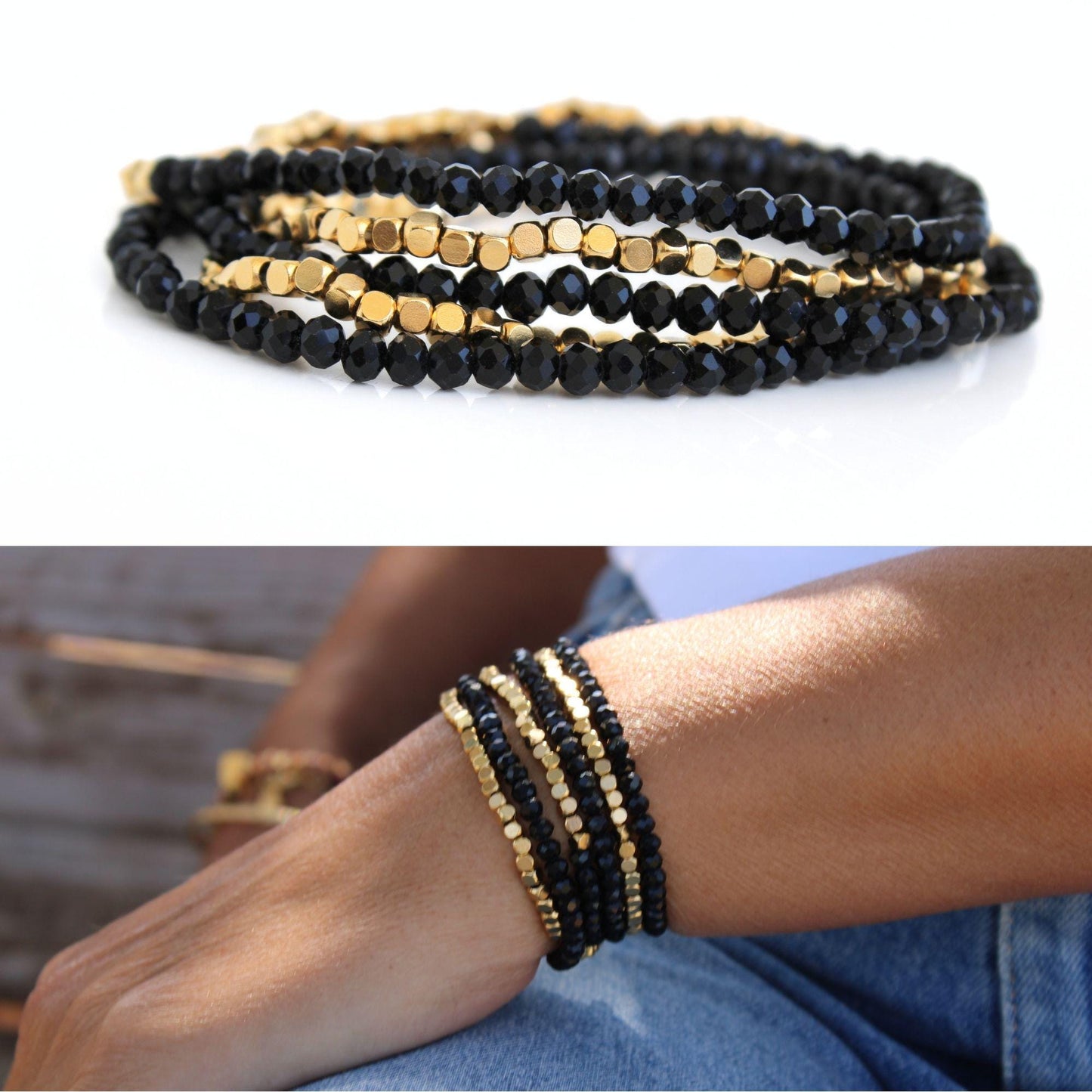 צמיד ליפוף אלגנטי קריסטל שחור וזהב