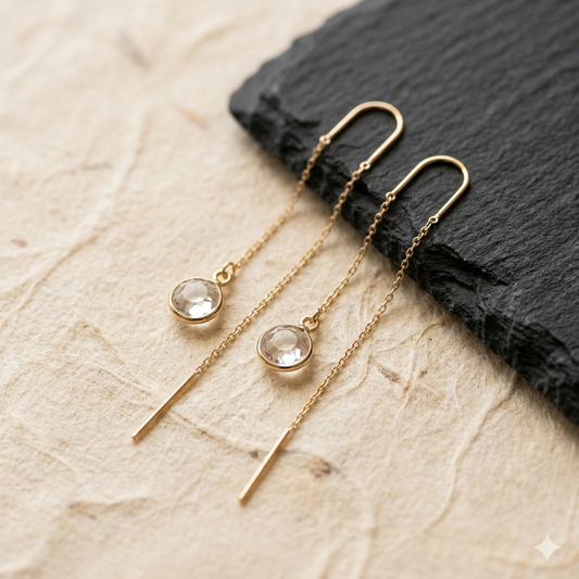 עגילי שרשרת זהב עדינים עם אבני זרקון בצבע שקוף