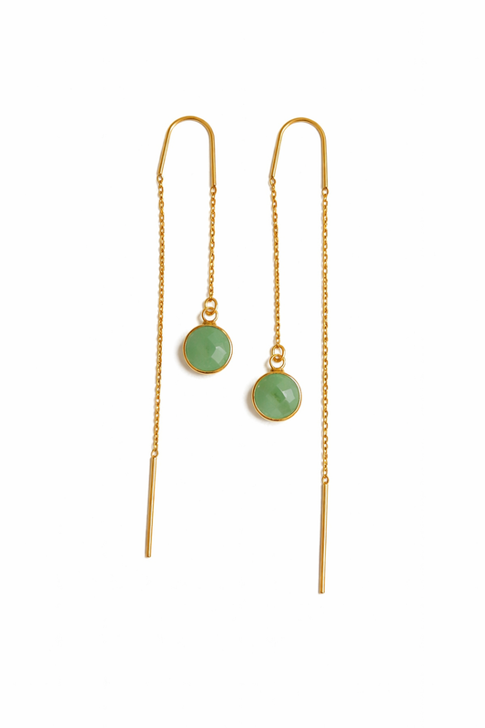 עגילי שרשרת זהב עדינים עם אבני זרקון בצבע ירוק